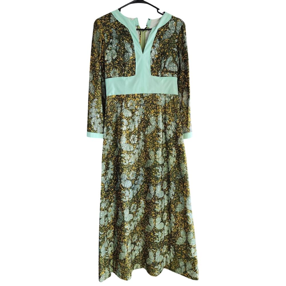 Vintage Floor Length Dress Handmade Green Flated Sleeve 74" Petite, ** read**